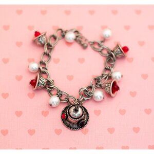 Vintage Faux Pearls Red Rhinestones Charm Elegant Bracelet 7 inch - X0